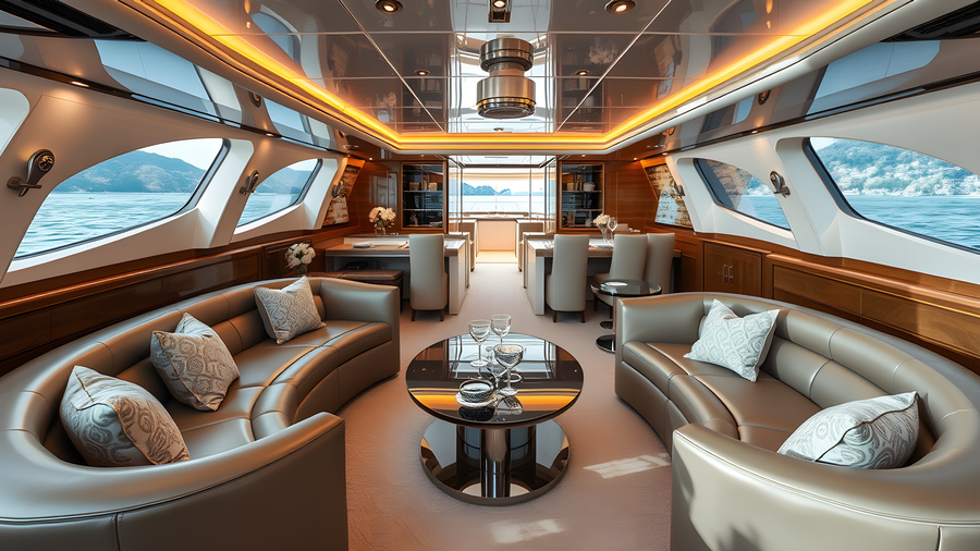 VIP lounge inside a luxury yacht featuring curved leather sofas, glass tables, and designer decor.