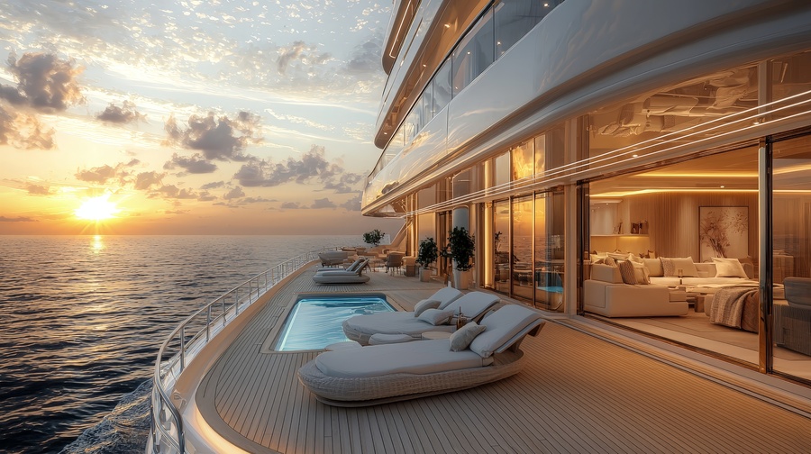 Luxurious yacht deck at sunset with pool and lounge area.