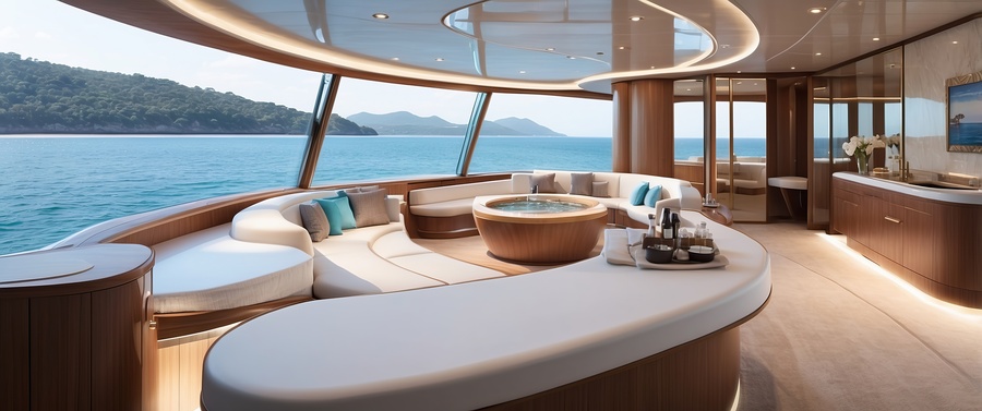 A modern, luxurious yacht interior with panoramic windows, elegant seating, and a beautiful sea view