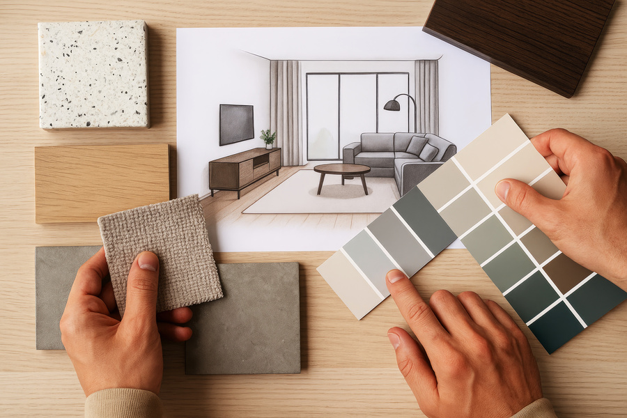 Interior designer selecting materials and color palette for modern living room design planning renovation